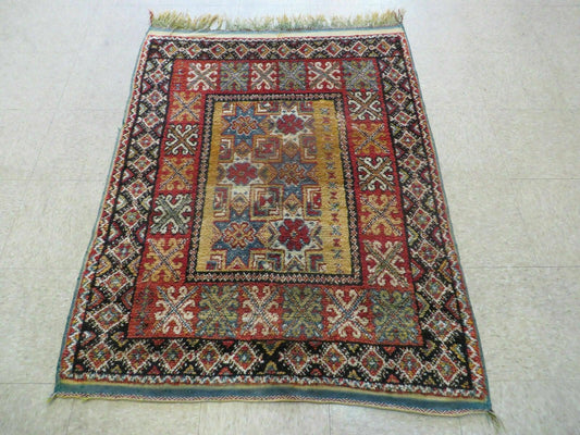 Vintage Moroccan Rug 4x5 Hand Knotted Berber Wool Area Rug Geometric Stars