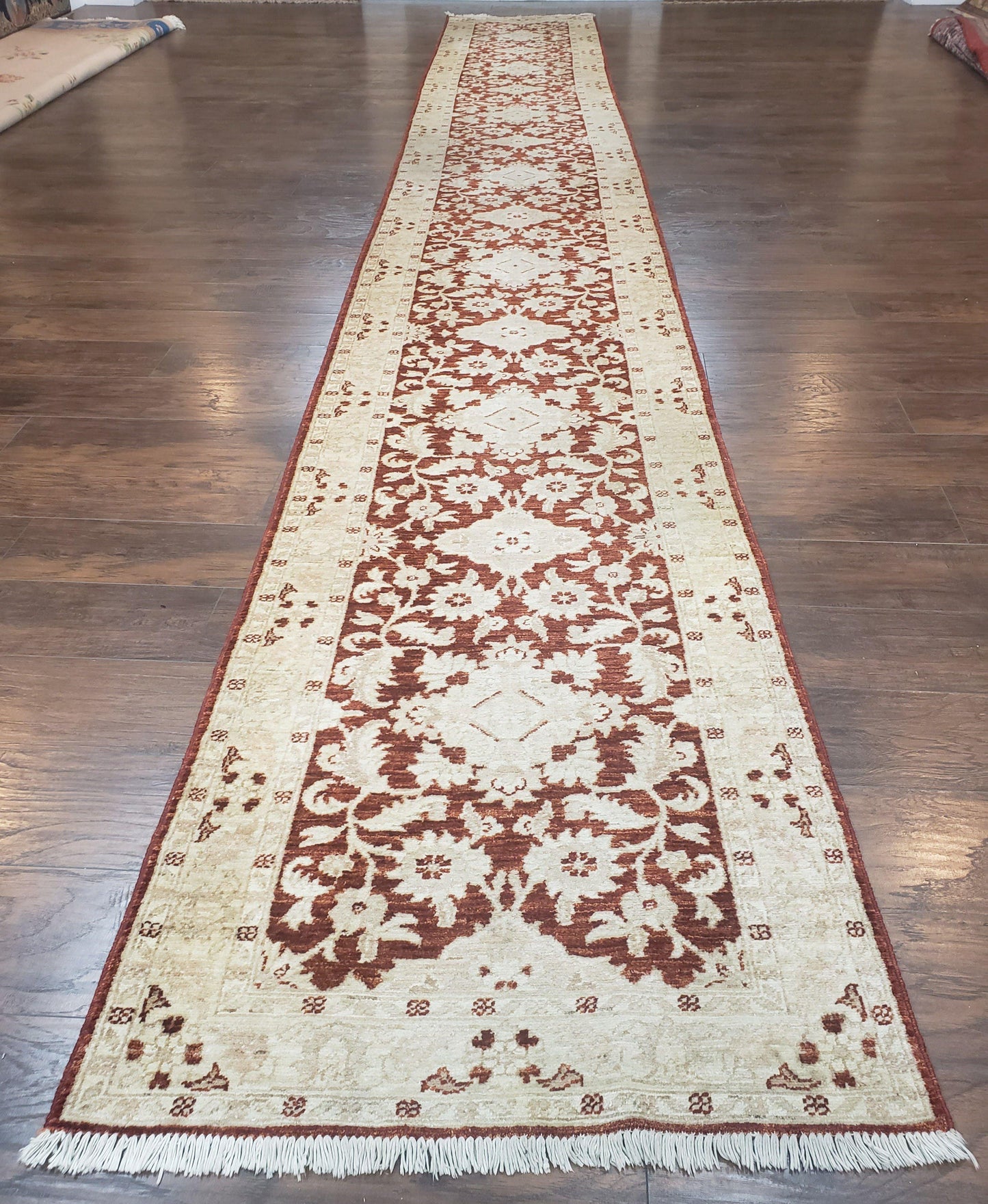 Runner Rug Peshawar Chobi 21 Ft Hallway Wool Handmade Maroon Beige Floral