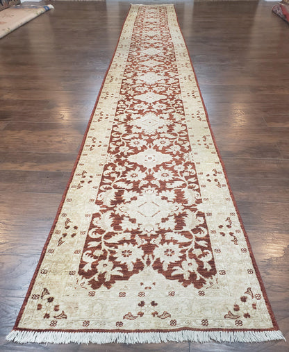 Runner Rug Peshawar Chobi 21 Ft Hallway Wool Handmade Maroon Beige Floral