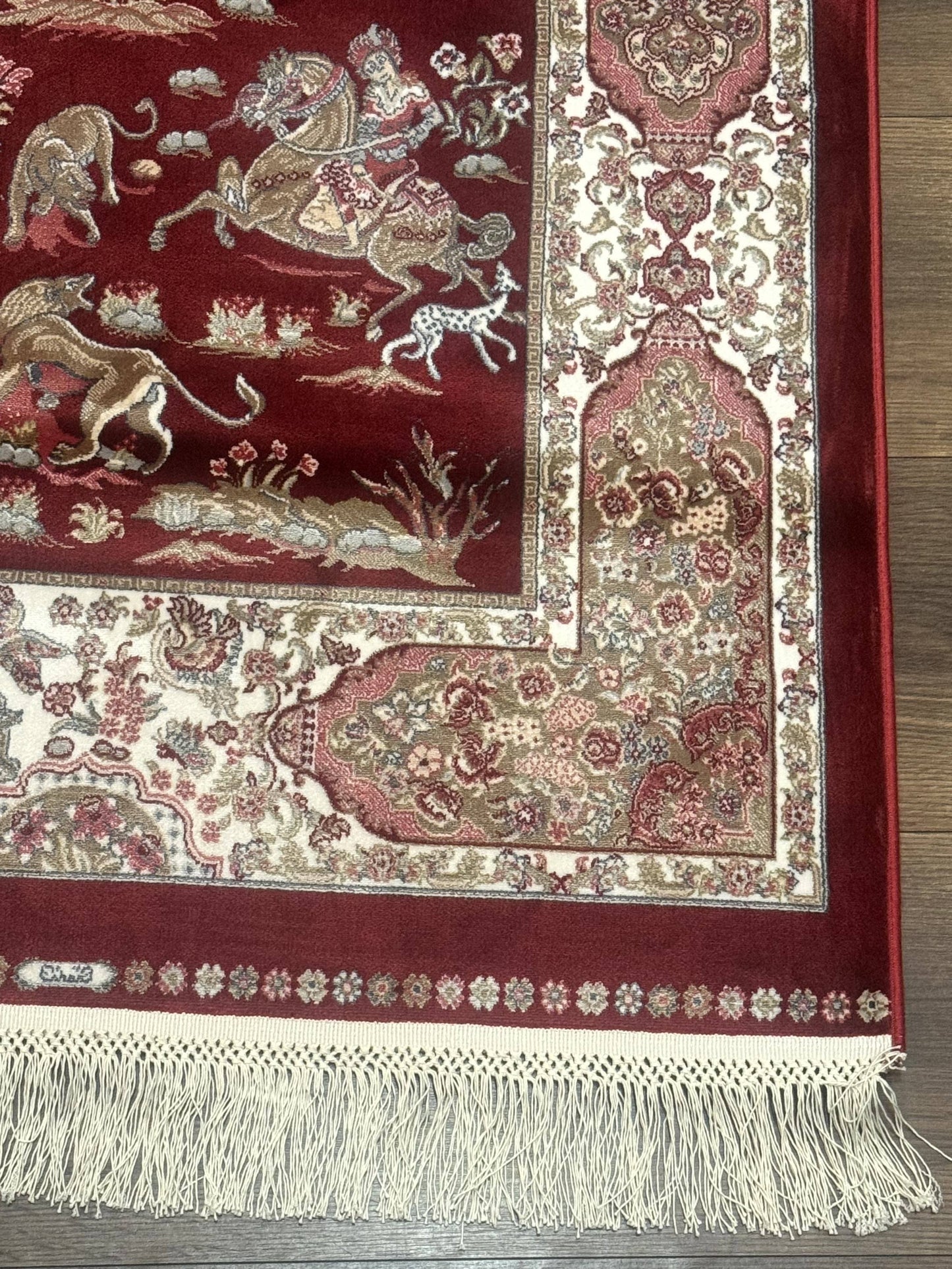 Turkish Silk Rug Runner 2.6 By 6.7 Red Ivory Hunting Design Bamboo Silk Contemporary