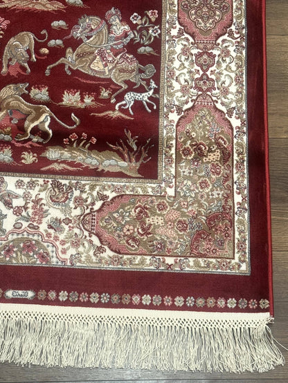 Turkish Silk Rug Runner 2.6 By 6.7 Red Ivory Hunting Design Bamboo Silk Contemporary