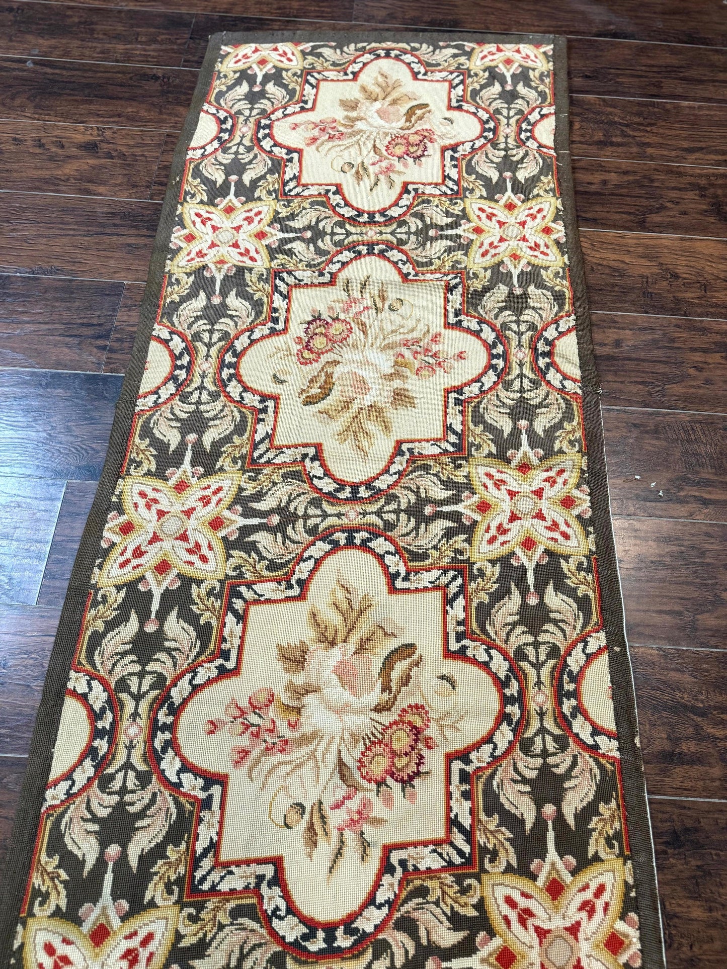 Needlepoint Runner Rug European French Design Handmade Wool Vintage