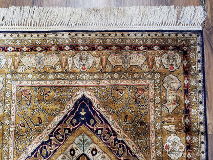 Persian Qum Silk Prayer Rug Hand Knotted 3ft 6in by 5ft Semi Antique