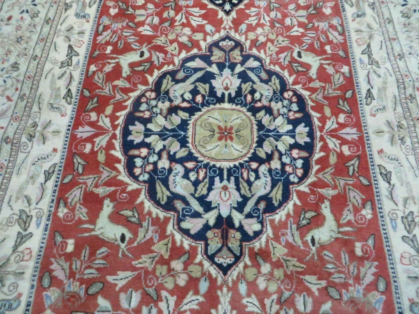 Vintage Indian Wool Rug Hunting Birds And Deer Oriental Floral Design 6 By 9