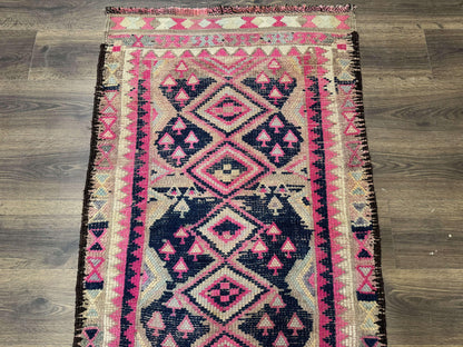 Turkish Runner Rug 3x10 Pink And Navy Blue Bohemian Hallway Kitchen Vintage Geometric Tribal