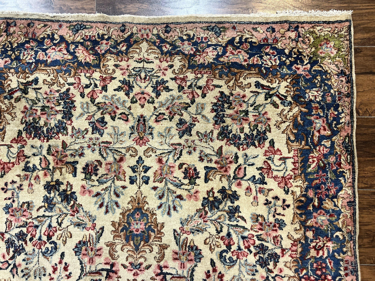Antique Persian Kirman Rug 4x7 Hand Knotted Wool Floral Carpet Cream And Navy
