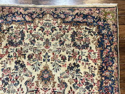 Antique Persian Kirman Rug 4x7 Hand Knotted Wool Floral Carpet Cream And Navy