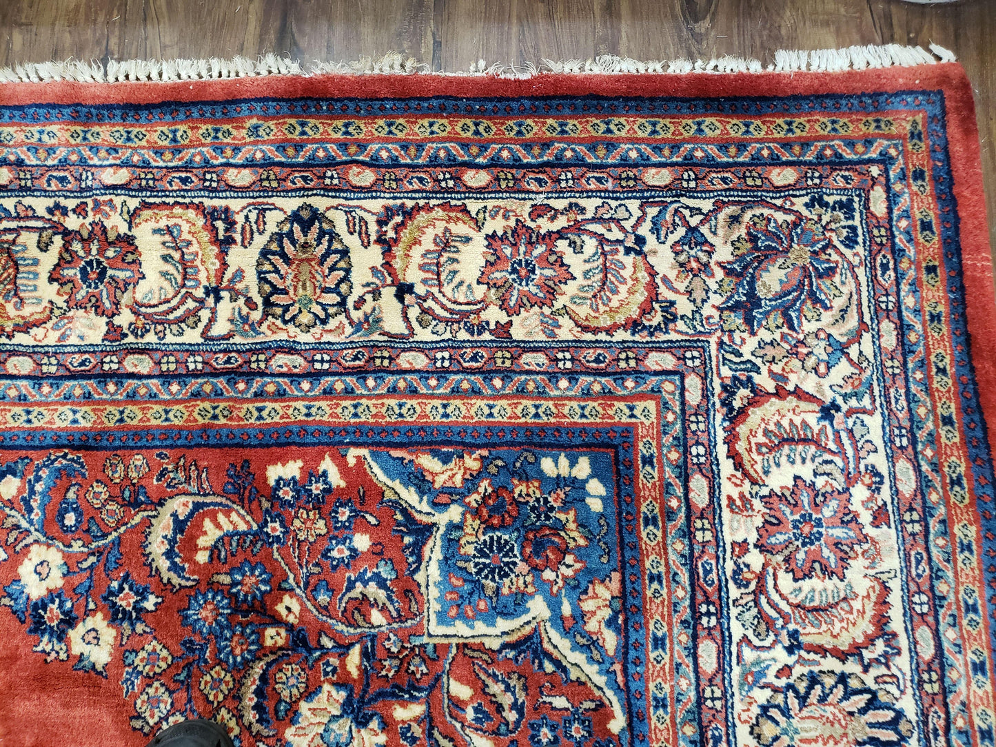 Semi Antique Persian Sarouk Rug 9x12 Hand Knotted Wool With Central Medallion Tomato Red