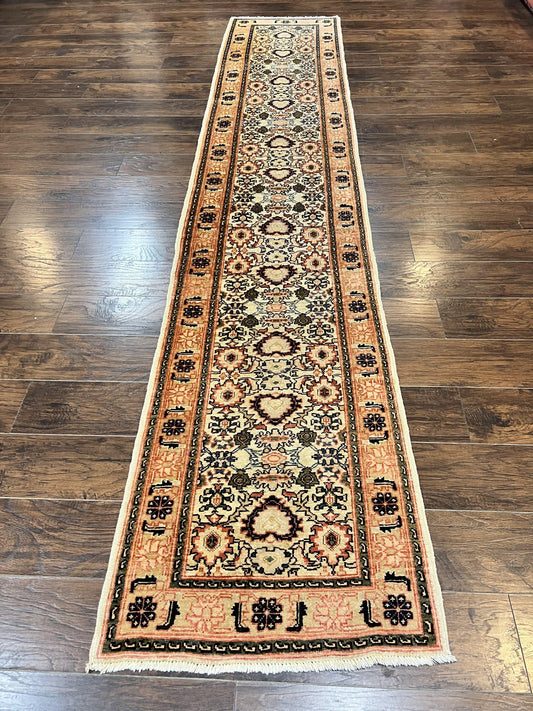 Romanian Wool Runner Rug Hand Knotted 2.6x12.9 Ft Floral Allover Vintage Tan Hallway