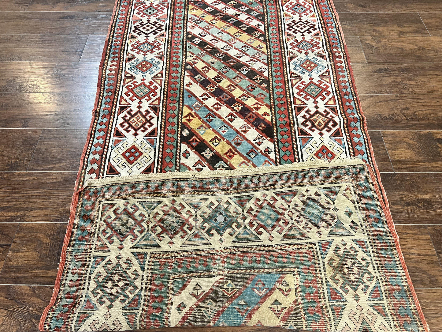 Caucasian Kazak Runner Rug Hand Knotted Wool Antique 1880s Ivory And Multicolor Striped Hallway Rug