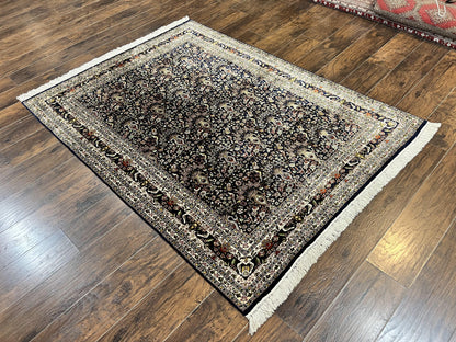 Kashmiri Silk Rug 5x7 Navy Blue Indo Persian Hand Knotted Birds Pattern Silk Carpet