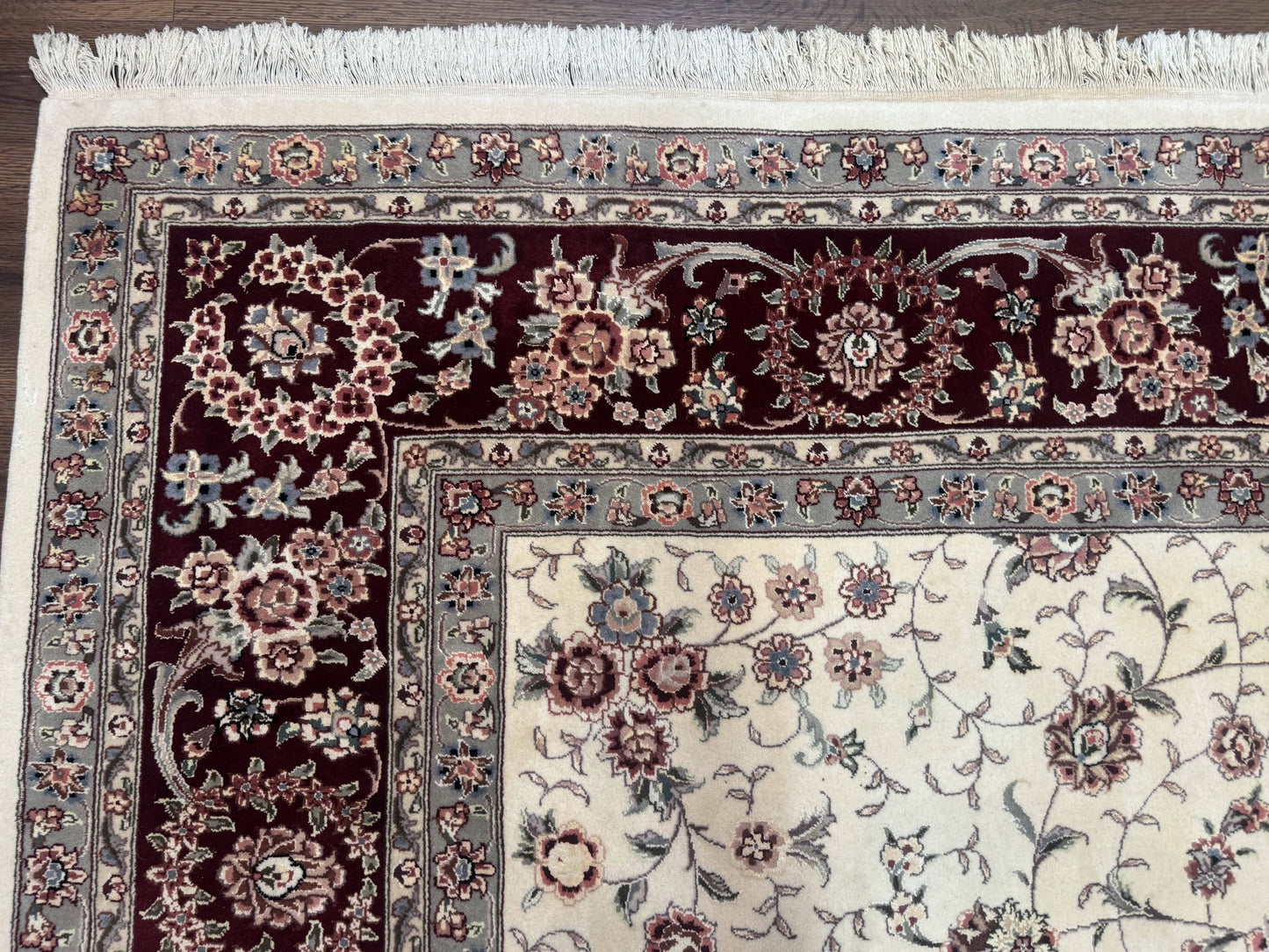Sino Persian Rug 9x12 Hand Knotted Wool Silk Highlights Floral Allover Ivory And Dark Maroon