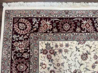 Sino Persian Rug 9x12 Hand Knotted Wool Silk Highlights Floral Allover Ivory And Dark Maroon