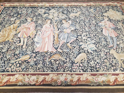 Vintage European Tapestry Aubusson Weave Wool Wall Hanging Courtship Scene Animals