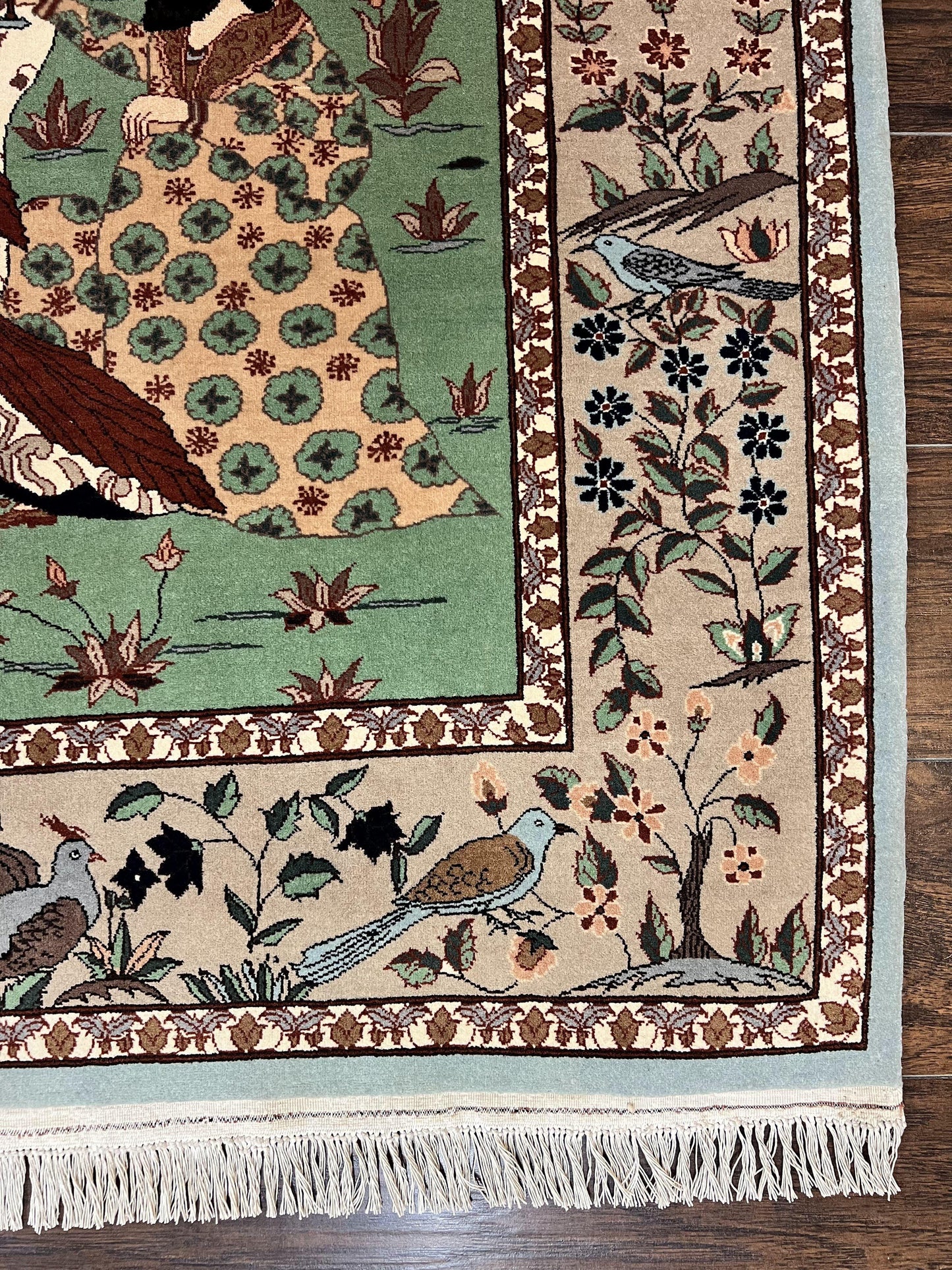 Indo Persian Pictorial Rug 4x7 Hand Knotted Wool Semi Antique Handmade Bird Pictorial Rug