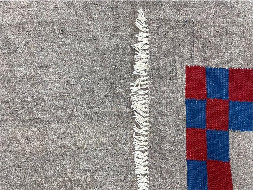Turkish Kilim Rug Hand Knotted Wool Geometric Gray Blue Red Border 5 Ft 7 In By 7 Ft 7 In