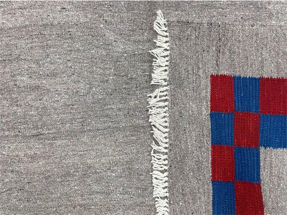 Turkish Kilim Rug Hand Knotted Wool Geometric Gray Blue Red Border 5 Ft 7 In By 7 Ft 7 In