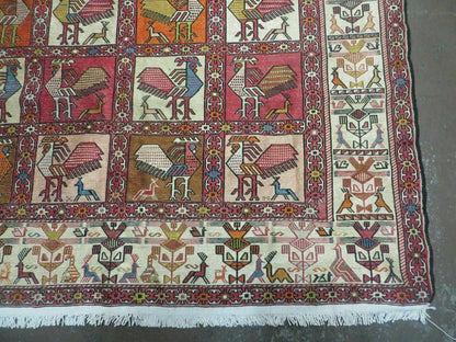 Vintage Russian Kilim Rug Handmade Flat Weave Soumak Silk Wool 4x6 Roosters Birds