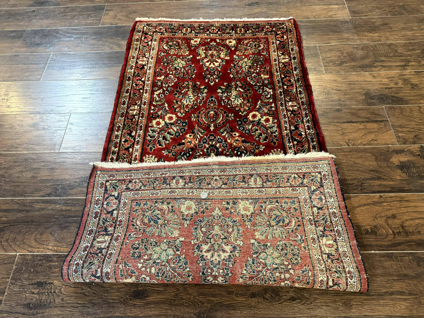 Red Persian Sarouk Rug 3x5.8 Antique Hand Knotted Wool Carpet 210 KPSI