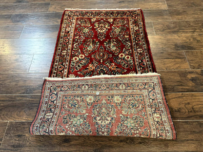 Red Persian Sarouk Rug 3x5.8 Antique Hand Knotted Wool Carpet 210 KPSI
