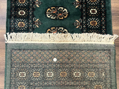 Pakistani Bokhara Runner Rug 2.5x11 Green Wool Hand Knotted Hallway Rug