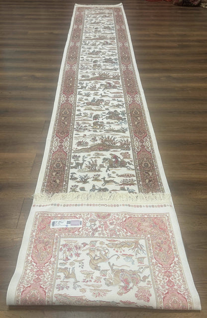 Turkish Silk Runner Rug 2.6x16.5 Ft Ivory Hunting Design Bamboo Silk New