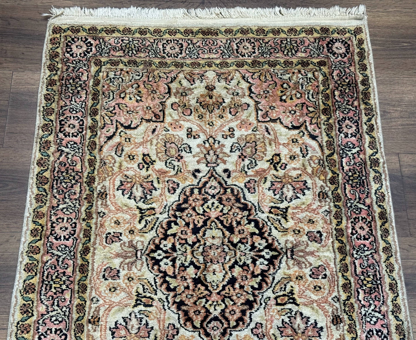 Silk Indian Kashmiri Runner Rug 2.7 X 9.8 Hand Knotted Floral Medallions