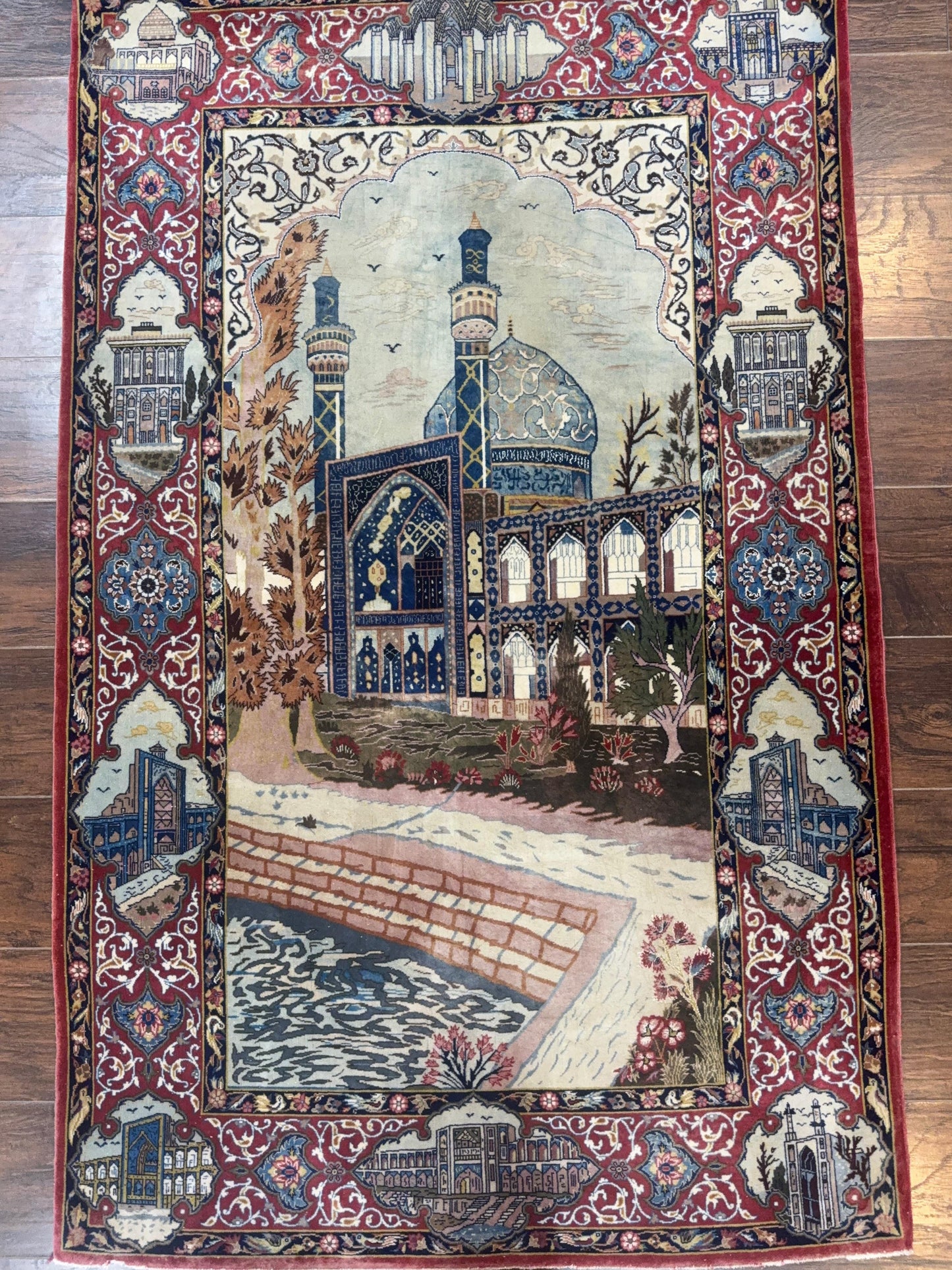 Persian Isfahan Pictorial Rug Hand Knotted 3.6x5.7 Wool Silk Highlights Signed By Masterweaver Handmade