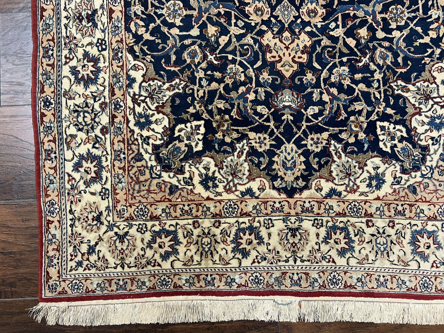 Persian Nain Rug Super Fine Hand Knotted Wool Silk Accents Navy Blue Ivory 3.6 X 5.4