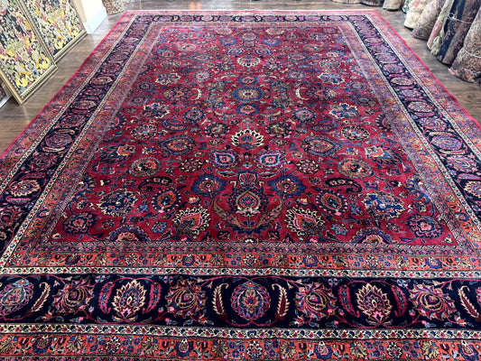 Persian Mashad Rug Palace Size 12x16 Antique Hand Knotted Wool Carpet Signature