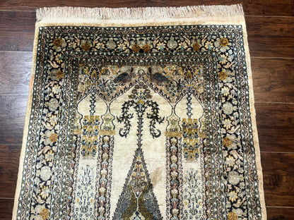Kashmiri Silk Rug 3x4 Handmade Silk Prayer Rug 400 KPSI Premium Quality
