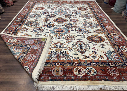 Indo Chinese Wool Rug 9x12 Ivory And Rust Red Dragon Motifs Hand Knotted