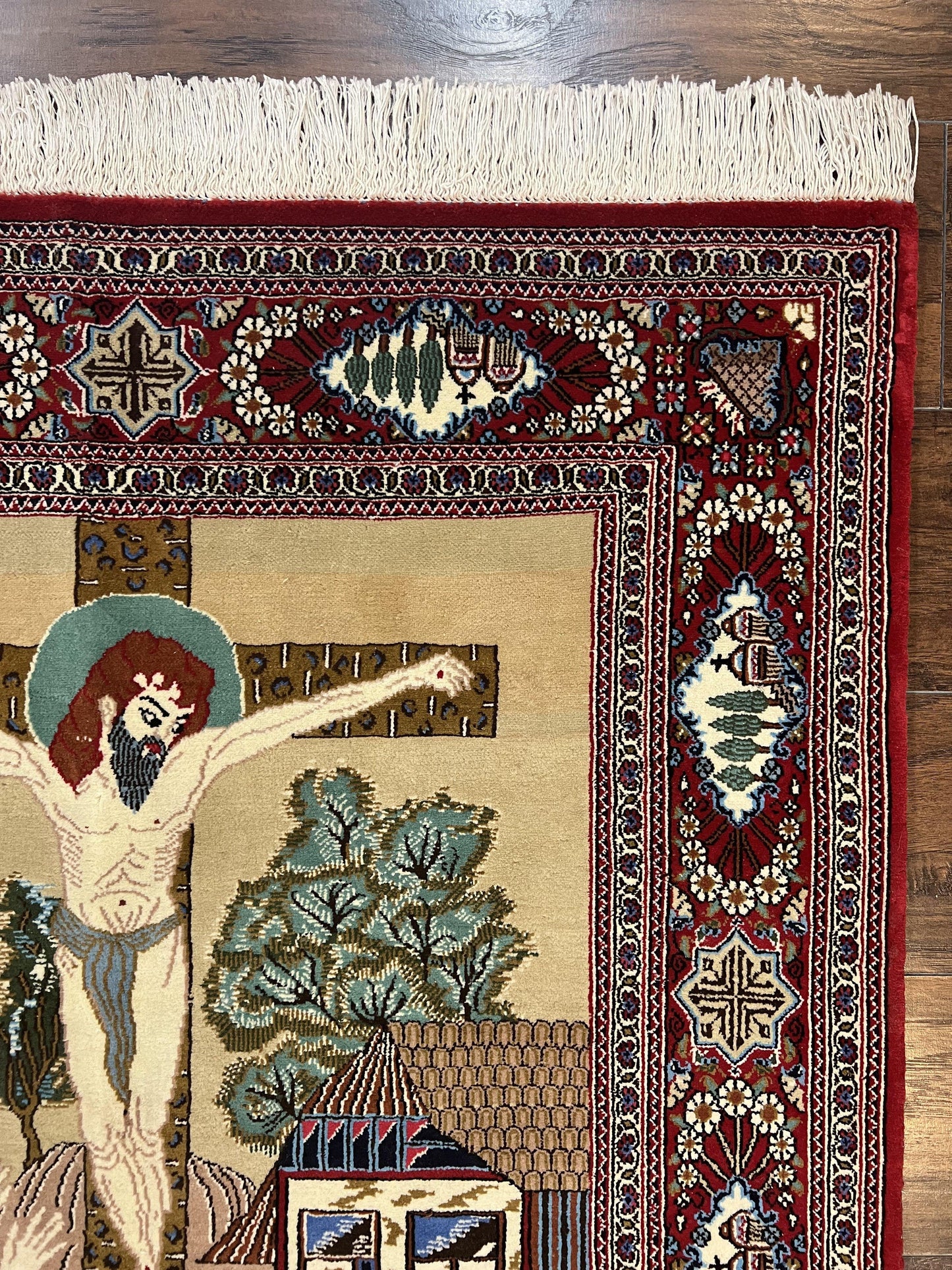 Persian Kashan Pictorial Rug 3x5 Jesus On Cross Handwoven Wool