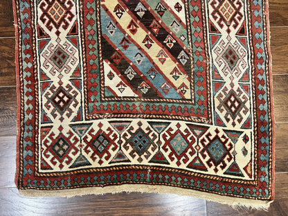 Caucasian Kazak Runner Rug Hand Knotted Wool Antique 1880s Ivory And Multicolor Striped Hallway Rug