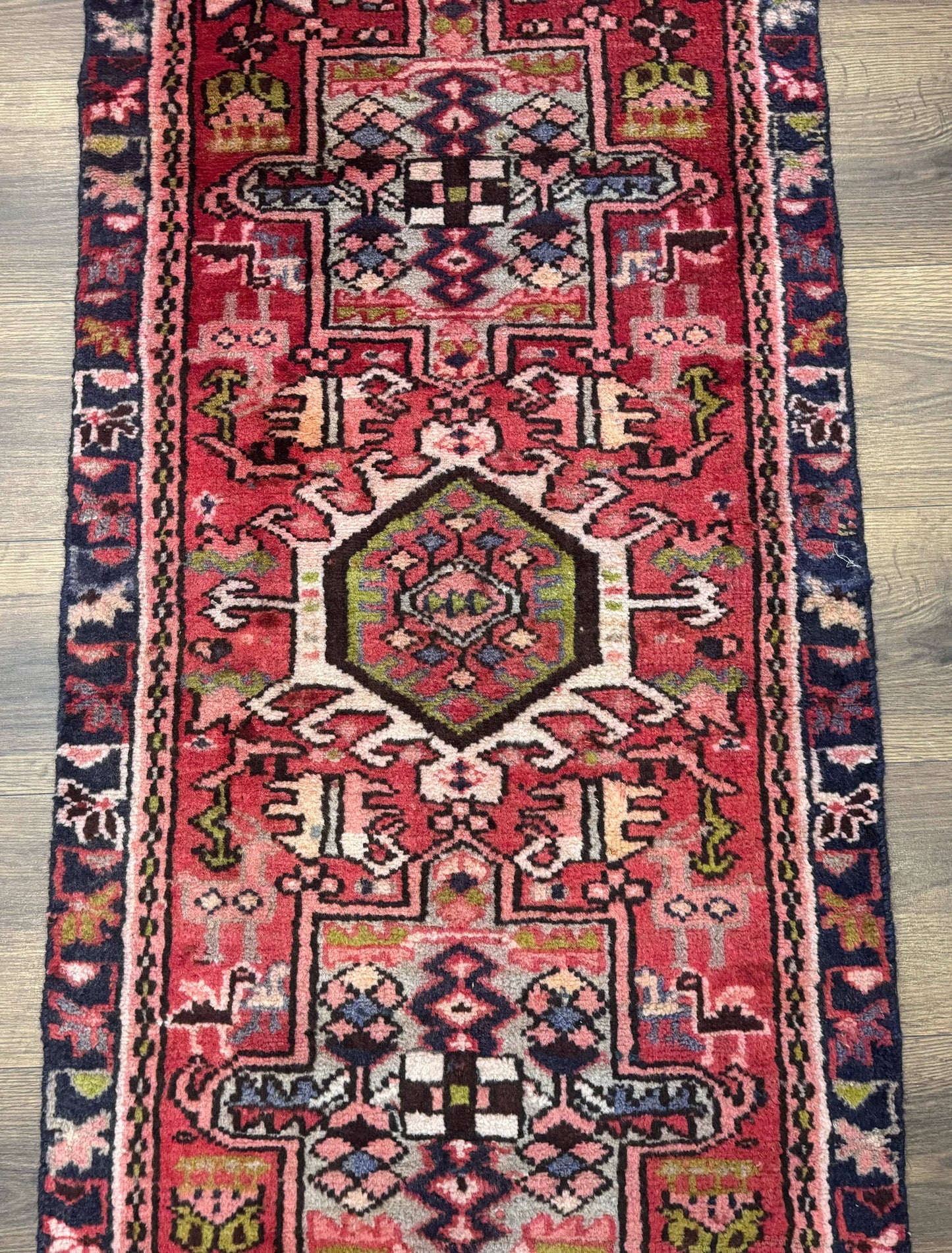 Persian Heriz Karajeh Runner Rug 2x9 With Bold Geometric Medallions In Red Navy