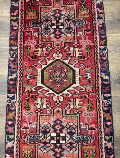 Persian Heriz Karajeh Runner Rug 2x9 With Bold Geometric Medallions In Red Navy