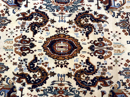 Indo Chinese Wool Rug 9x12 Ivory And Rust Red Dragon Motifs Hand Knotted