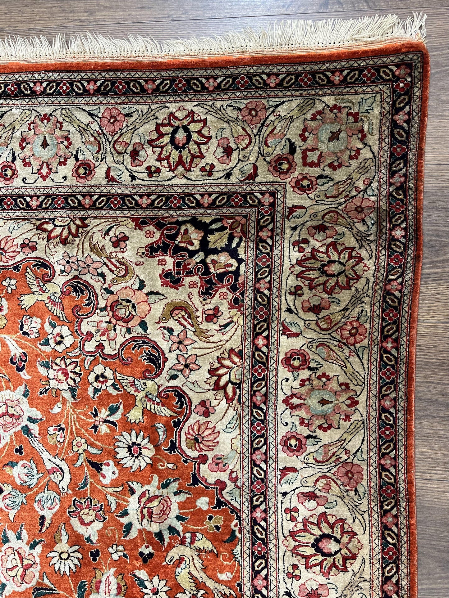 Persian Qum Silk Rug 5x7 Floral Medallion Birds Orange Red Hand Knotted
