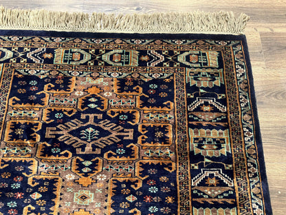 Vintage Afghan Rug 4x6 Hand Knotted Wool Geometric Medallions Navy Blue and Light Brown Tribal Style