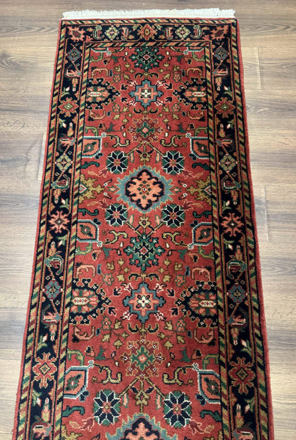 Indo Persian Heriz Runner Rug 2x12 Hand Knotted Wool Hallway Rug Red And Black