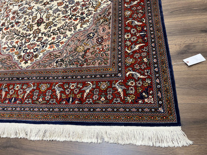 Sino Persian Rug Hand Knotted 7x10 Circle Of Life Tree Of Life Birds Cream Red Navy Blue Taupe Wool Silk Accents Vintage