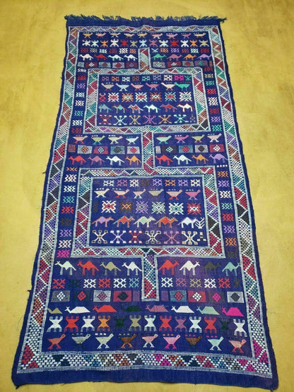 Kilim Rug Vintage Indian Wool Blue Birds Runner