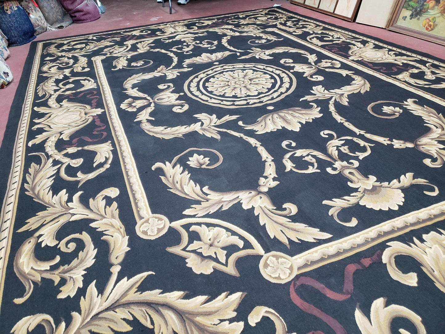 Black And Tan Aubusson Rug 10x14 Handmade Wool Flatweave Decor