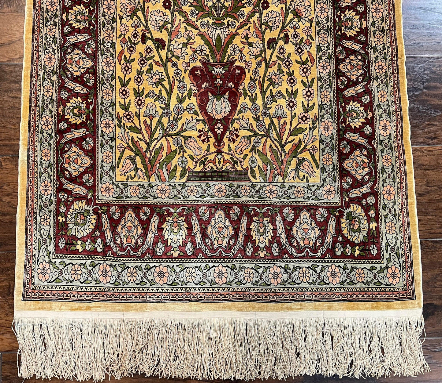 Hereke Silk Prayer Rug Tree of Life Handmade in Gold Burgundy