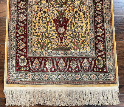 Hereke Silk Prayer Rug Tree of Life Handmade in Gold Burgundy