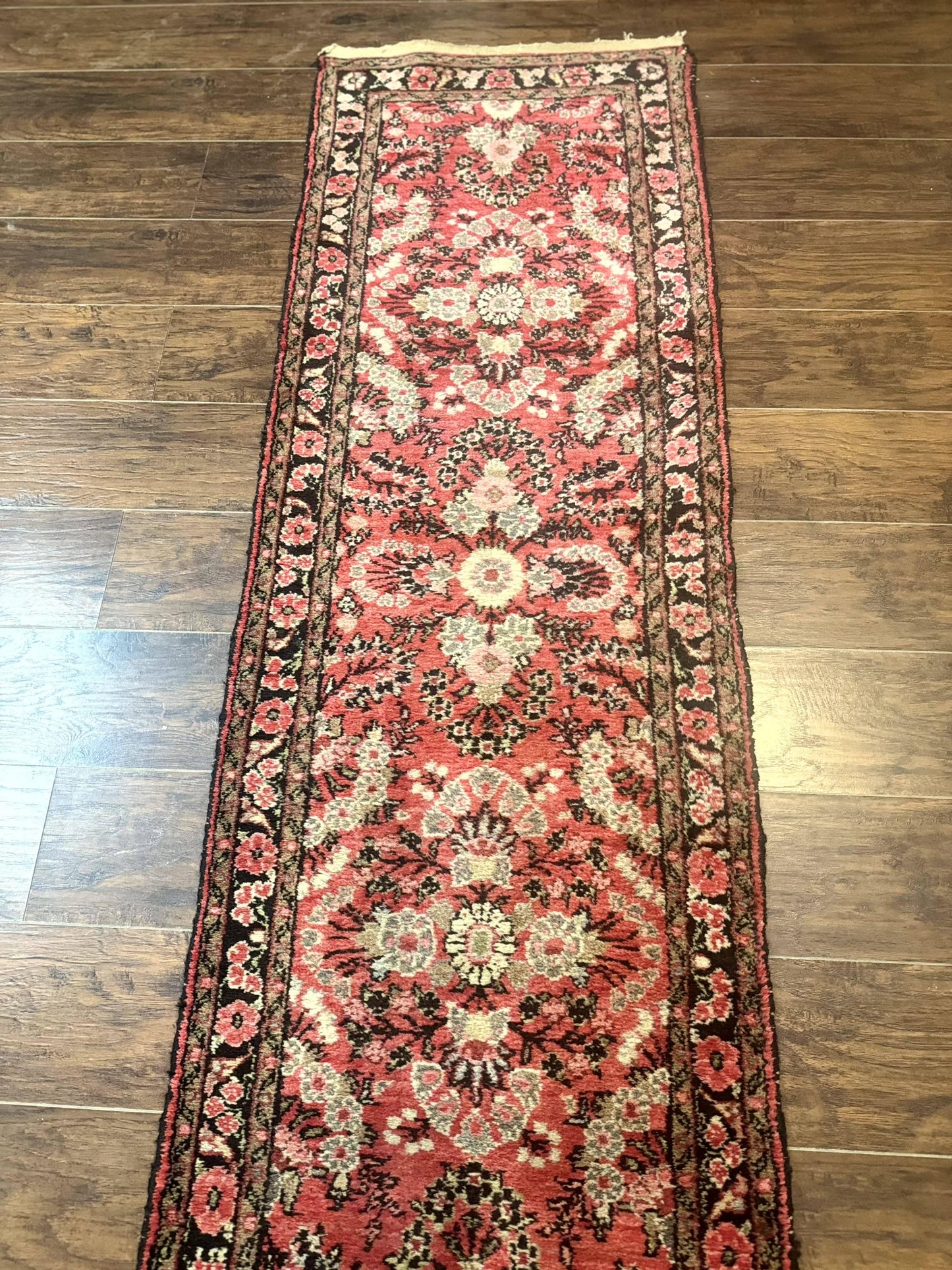 Persian Hamadan Runner Rug 2x13.6 Ft Hand Knotted Wool Red Floral Hallway Carpet