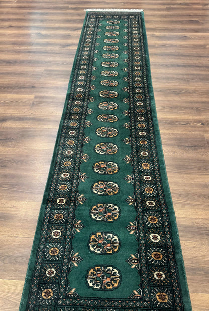 Pakistani Bokhara Runner Rug 2.5x11 Green Wool Hand Knotted Hallway Rug
