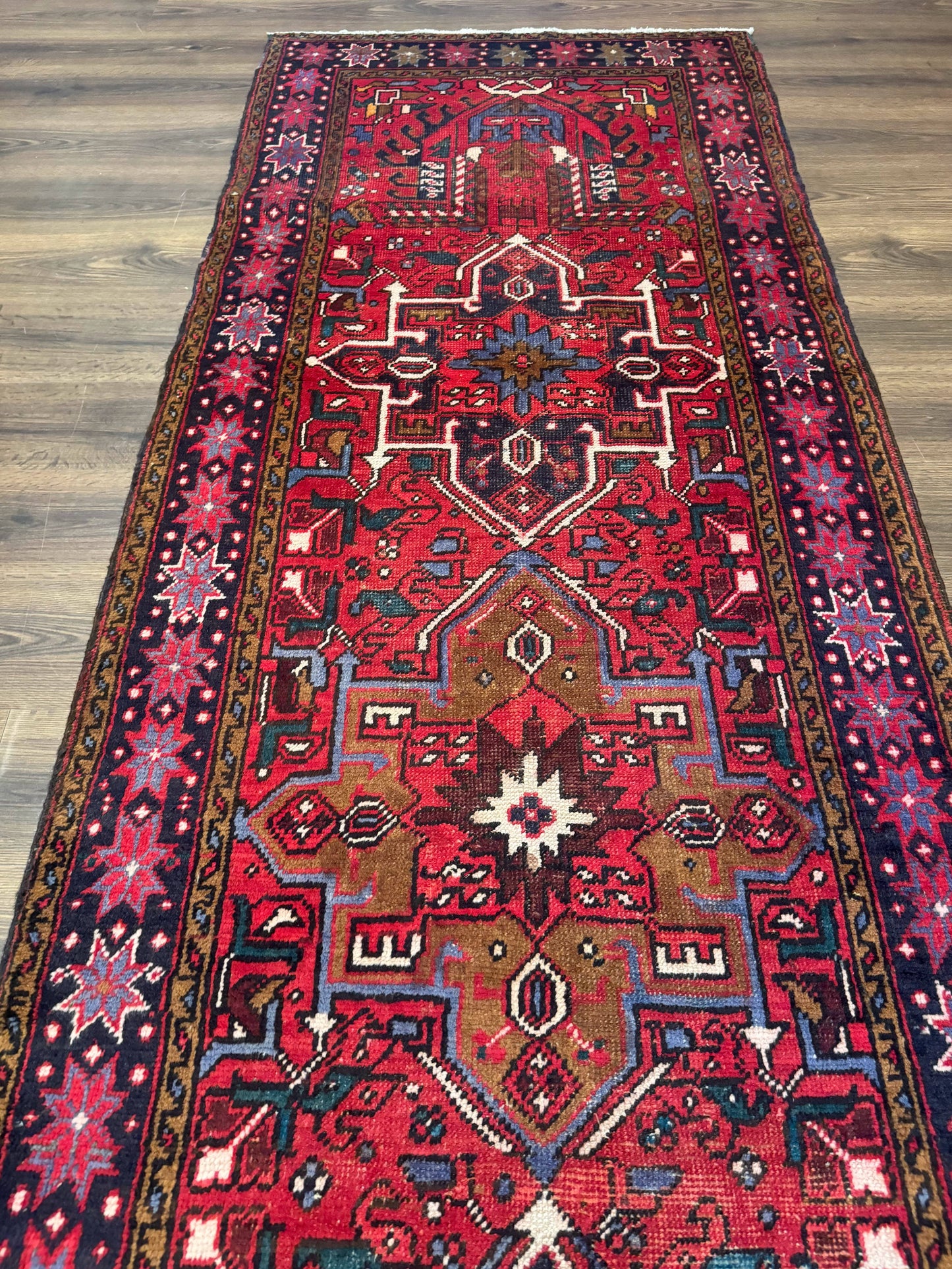 Persian Heriz Karajeh Runner Rug 3.7 x 12 ft Red Navy Geometric Medallions