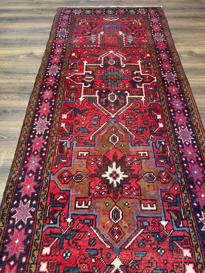 Persian Heriz Karajeh Runner Rug 3.7 x 12 ft Red Navy Geometric Medallions