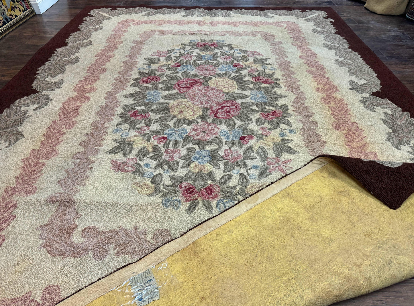 American Hand Hooked Rug 9x12 Vintage Aubusson Wool Carpet